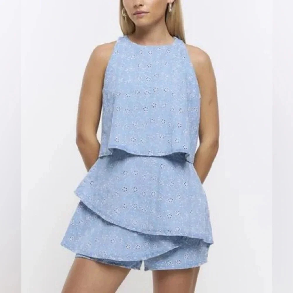 River Island chambray romper skort dress eyelet embroidered sleeveless denim